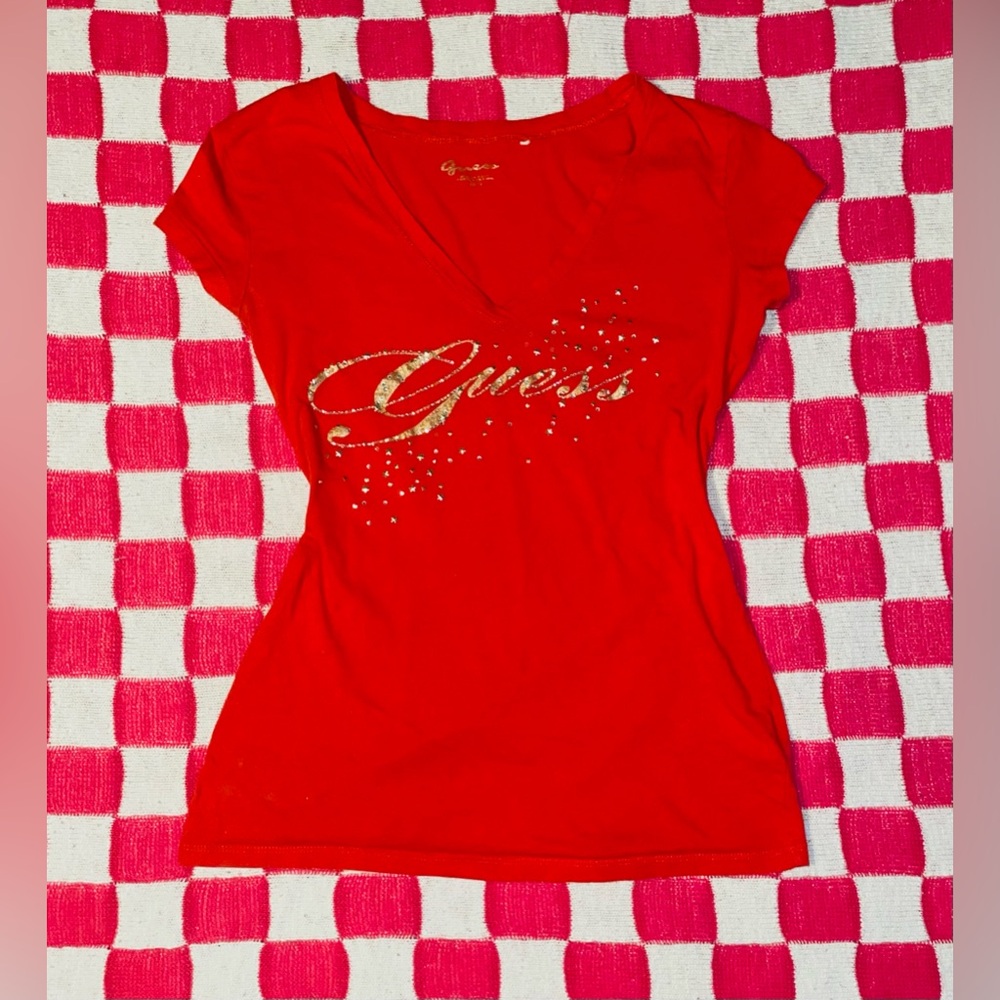 Guess Sparkly Sequin Embellished Y2K 2000s Vintage Red V-neck Top